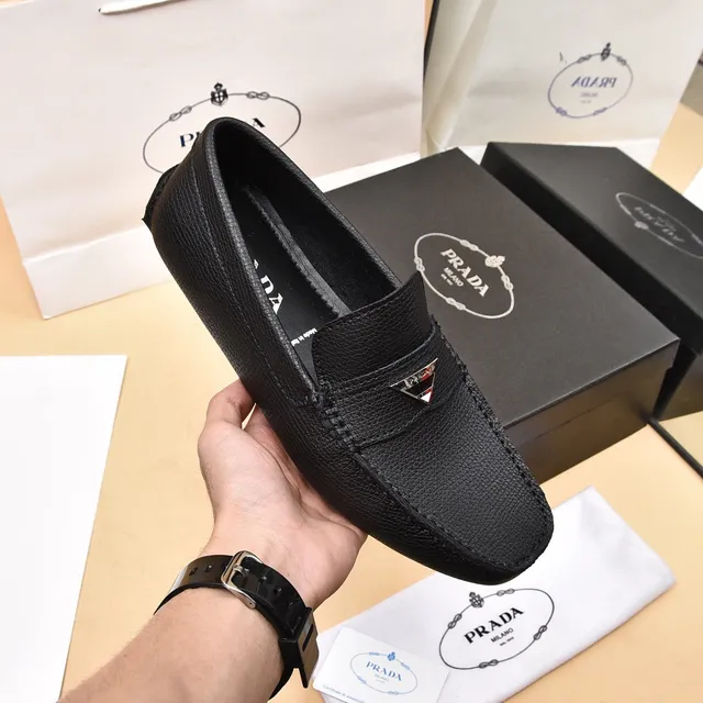 Prada Black Silver Textured Leather Metal Triangular Logo Plaque Loafer 6