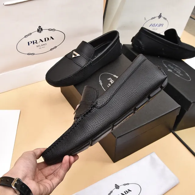Prada Black Silver Textured Leather Metal Triangular Logo Plaque Loafer 7