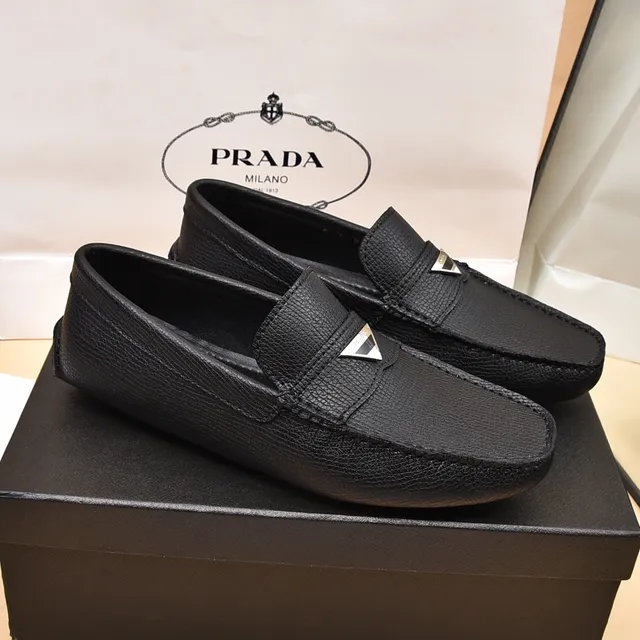 Prada Black Silver Textured Leather Metal Triangular Logo Plaque Loafer 8