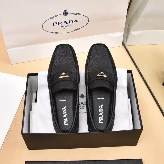 Prada Black Silver Textured Leather Metal Triangular Logo Plaque Loafer 9
