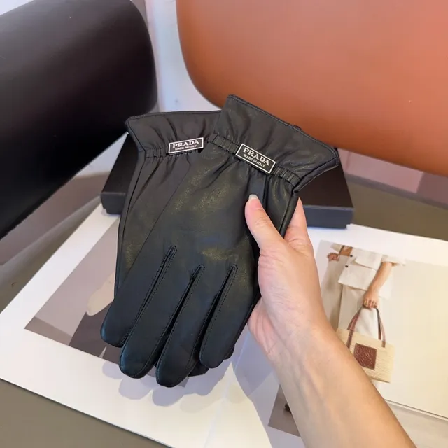 Prada Black Smooth Ribbed Elastic Cuff Leather Gloves 2