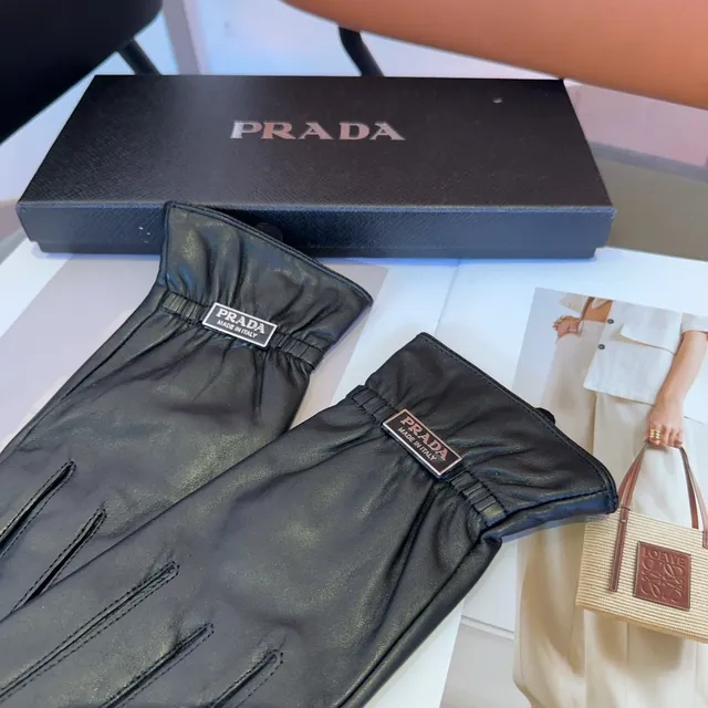 Prada Black Smooth Ribbed Elastic Cuff Leather Gloves 3