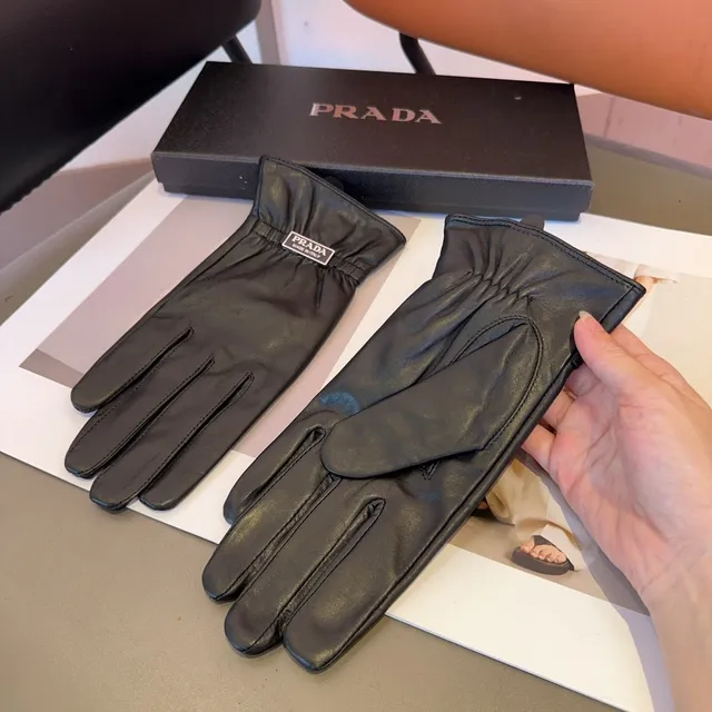 Prada Black Smooth Ribbed Elastic Cuff Leather Gloves 4