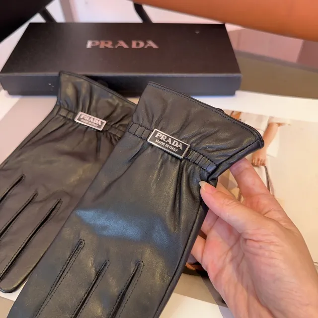 Prada Black Smooth Ribbed Elastic Cuff Leather Gloves 5
