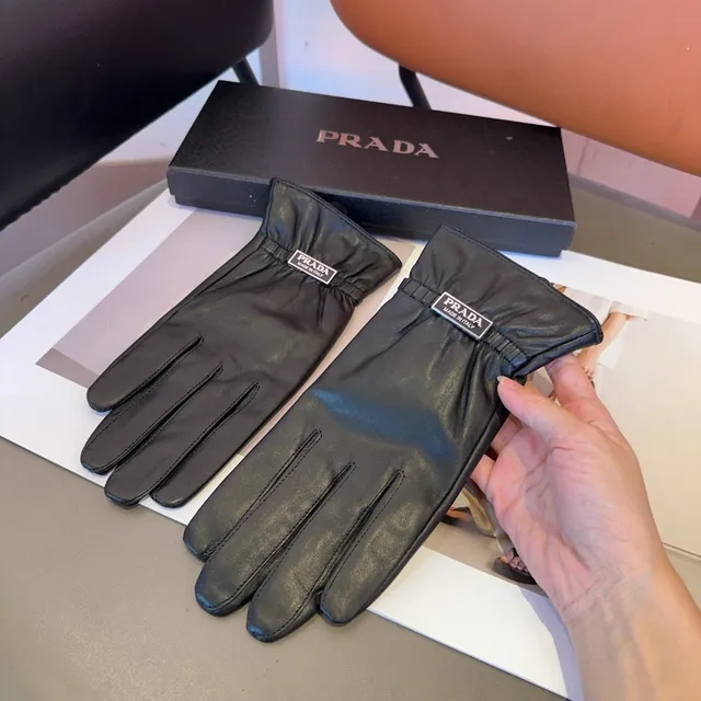 Prada Black Smooth Ribbed Elastic Cuff Leather Gloves 6