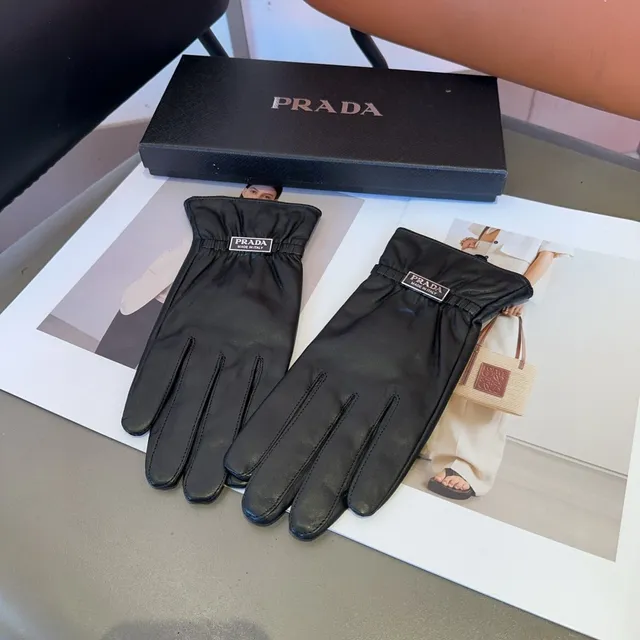 Prada Black Smooth Ribbed Elastic Cuff Leather Gloves 7