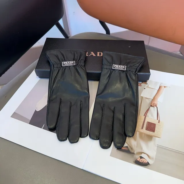 Prada Black Smooth Ribbed Elastic Cuff Leather Gloves 8