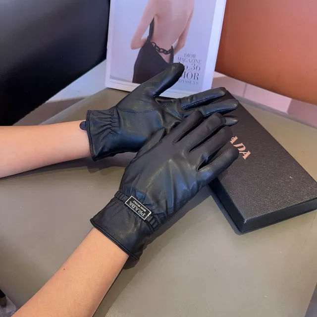 Prada Black Smooth Ribbed Elastic Cuff Leather Gloves 9