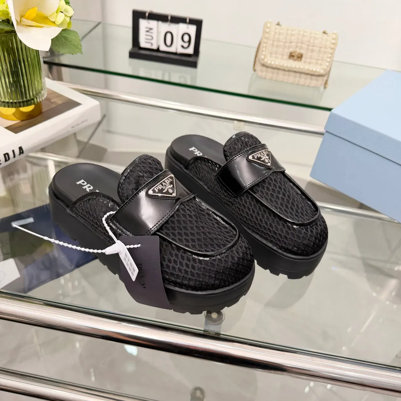 Prada Black Woven-Texture Upper Glossy Patent Strap Casual Shoes 3