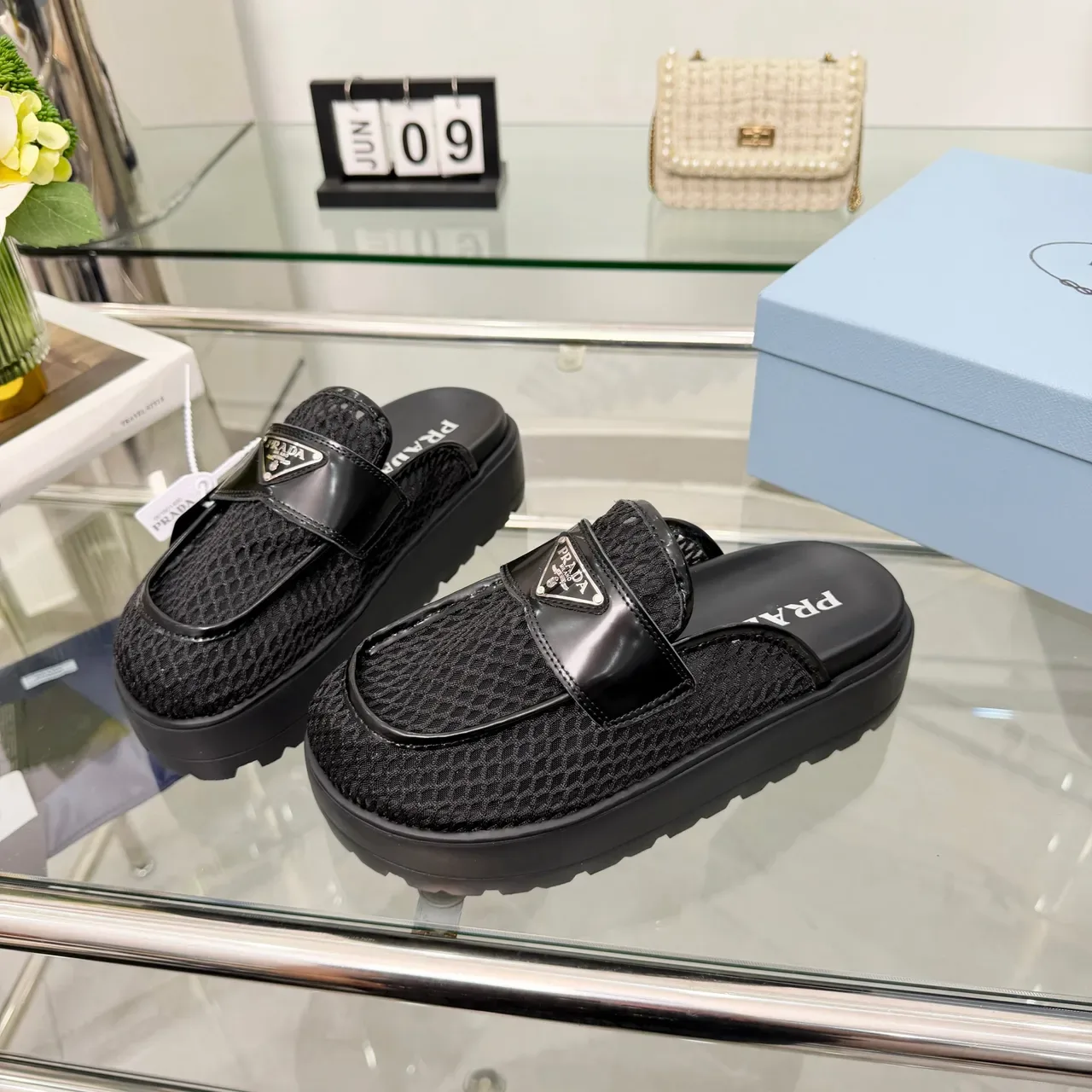 Prada Black Woven-Texture Upper Glossy Patent Strap Casual Shoes 5