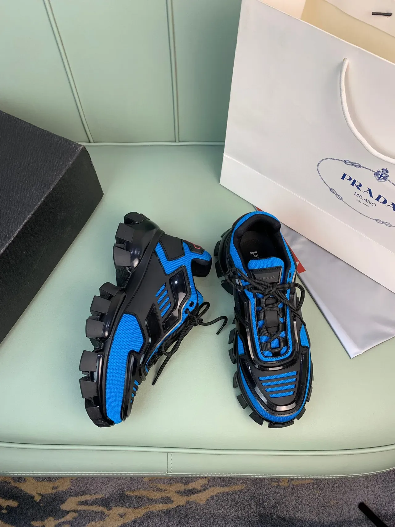 Prada Blue Black Lug Sole Mesh And Synthetic Overlay Construction Chunky Sneakers 4