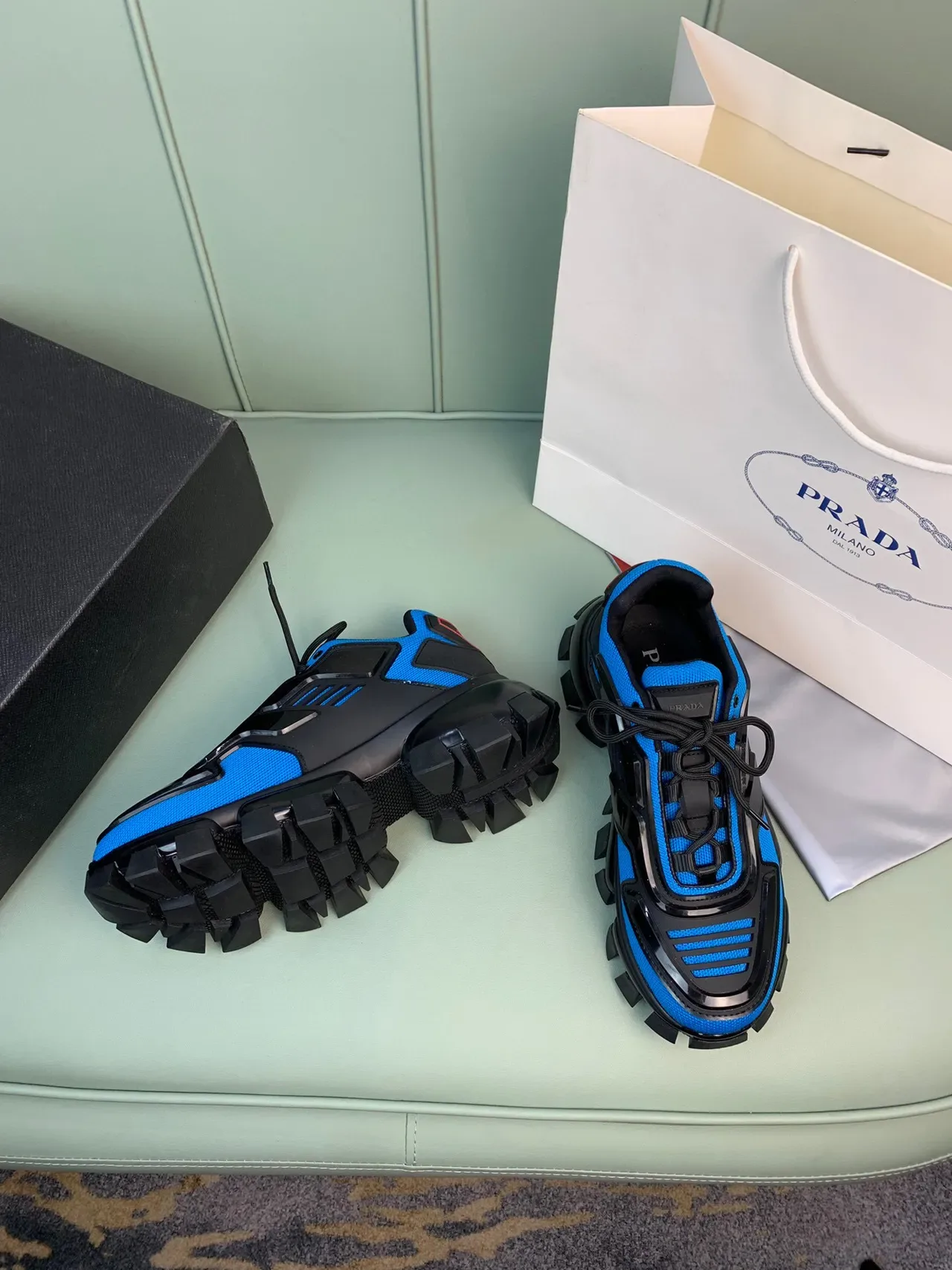 Prada Blue Black Lug Sole Mesh And Synthetic Overlay Construction Chunky Sneakers 6