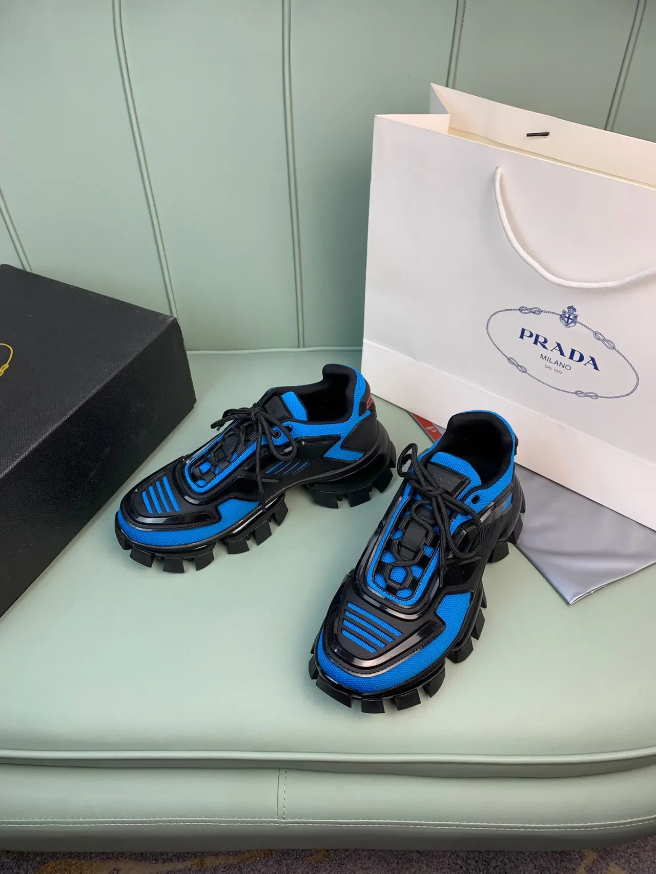 Prada Blue Black Lug Sole Mesh And Synthetic Overlay Construction Chunky Sneakers 7