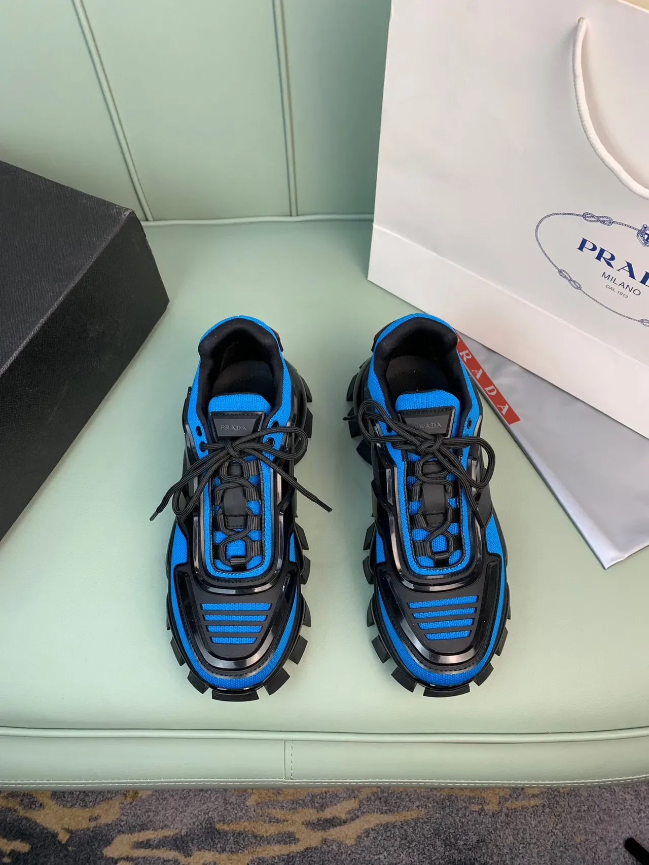 Prada Blue Black Lug Sole Mesh And Synthetic Overlay Construction Chunky Sneakers 8