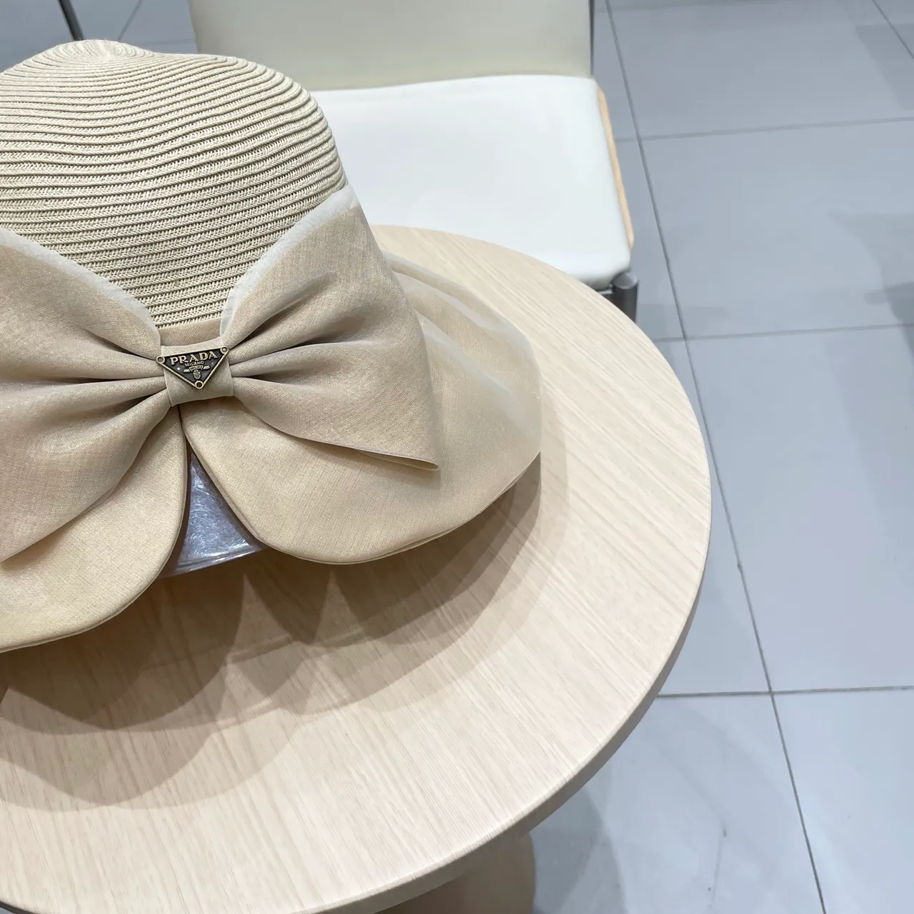 Prada Bow-Adorned Beige Woven Straw Crown Wide Brim Fedora 8