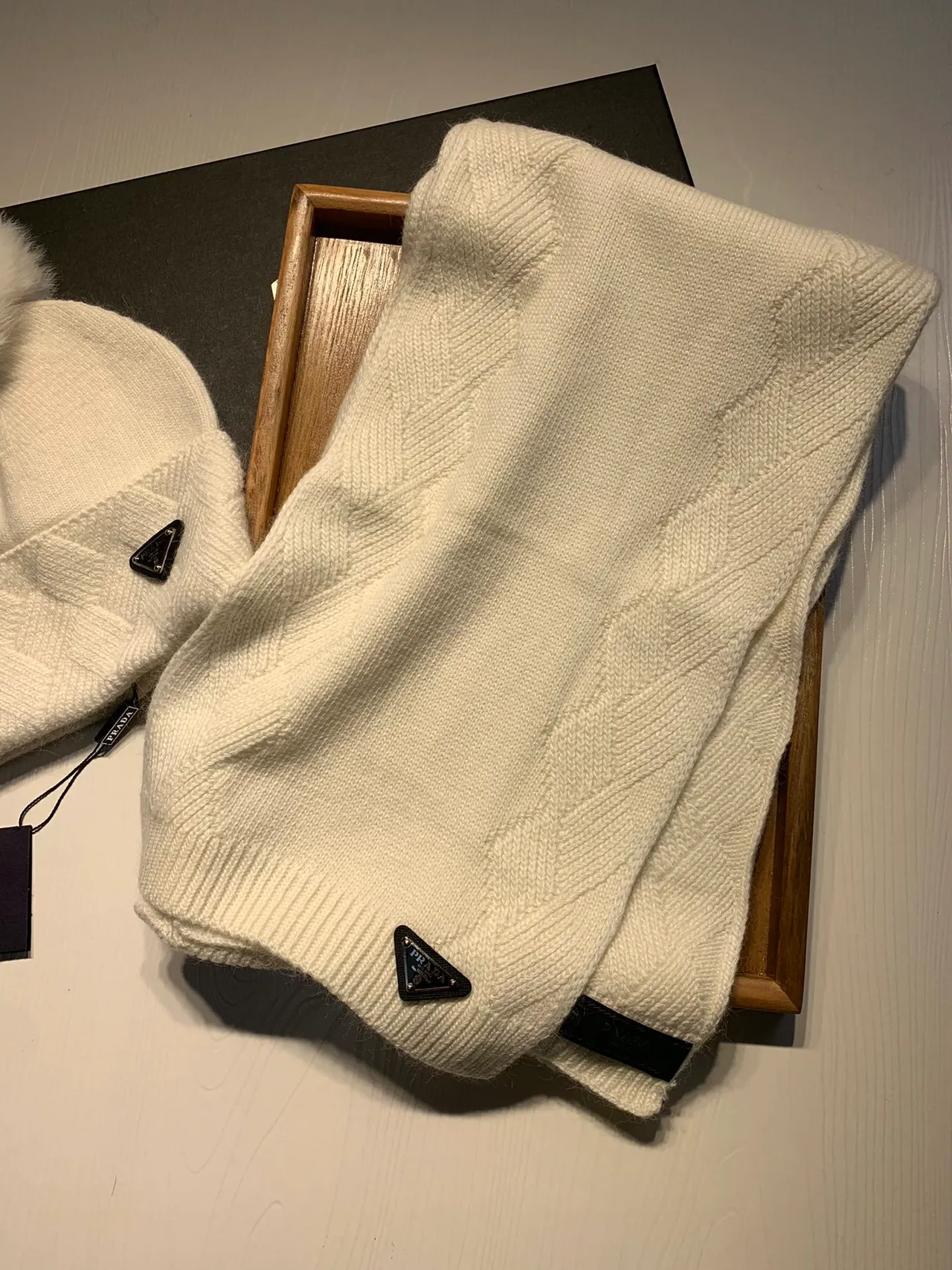 Prada Cable-Knit Ivory Cashmere Scarf 4