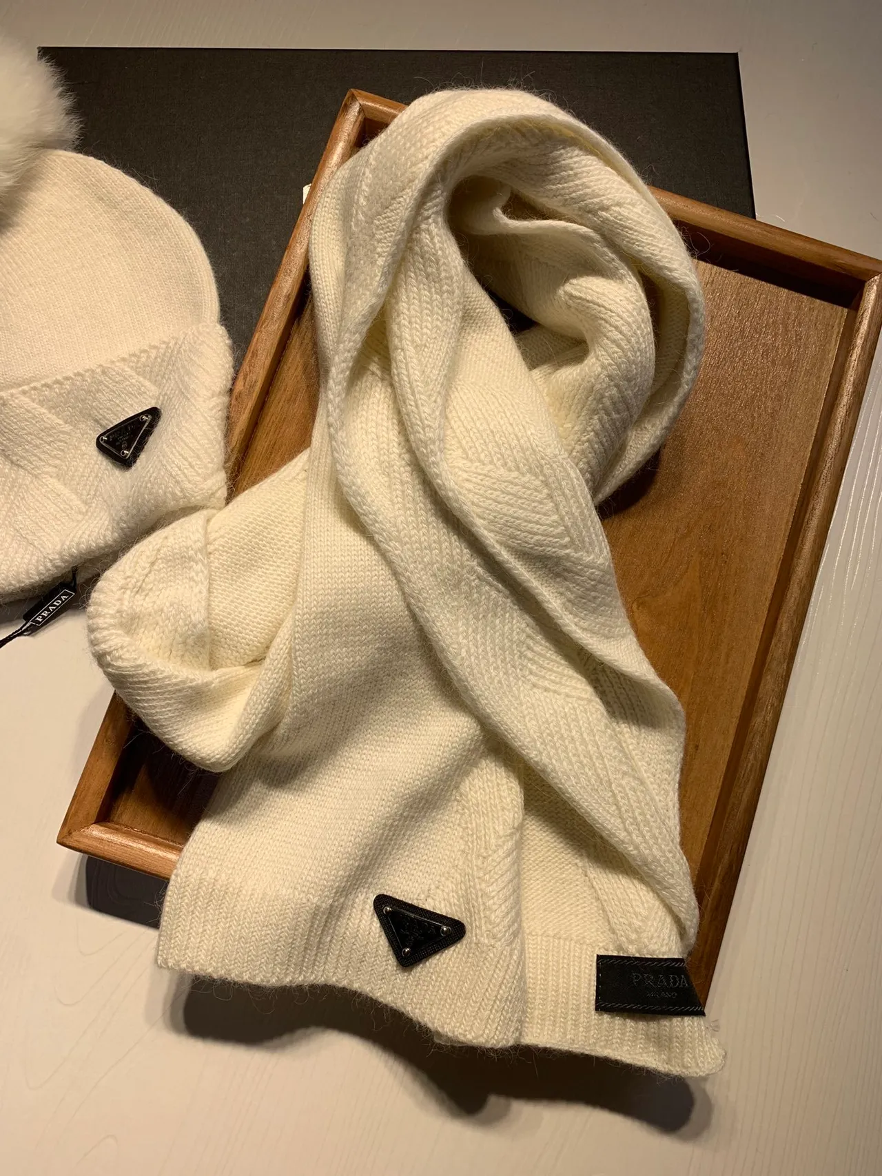 Prada Cable-Knit Ivory Cashmere Scarf 7