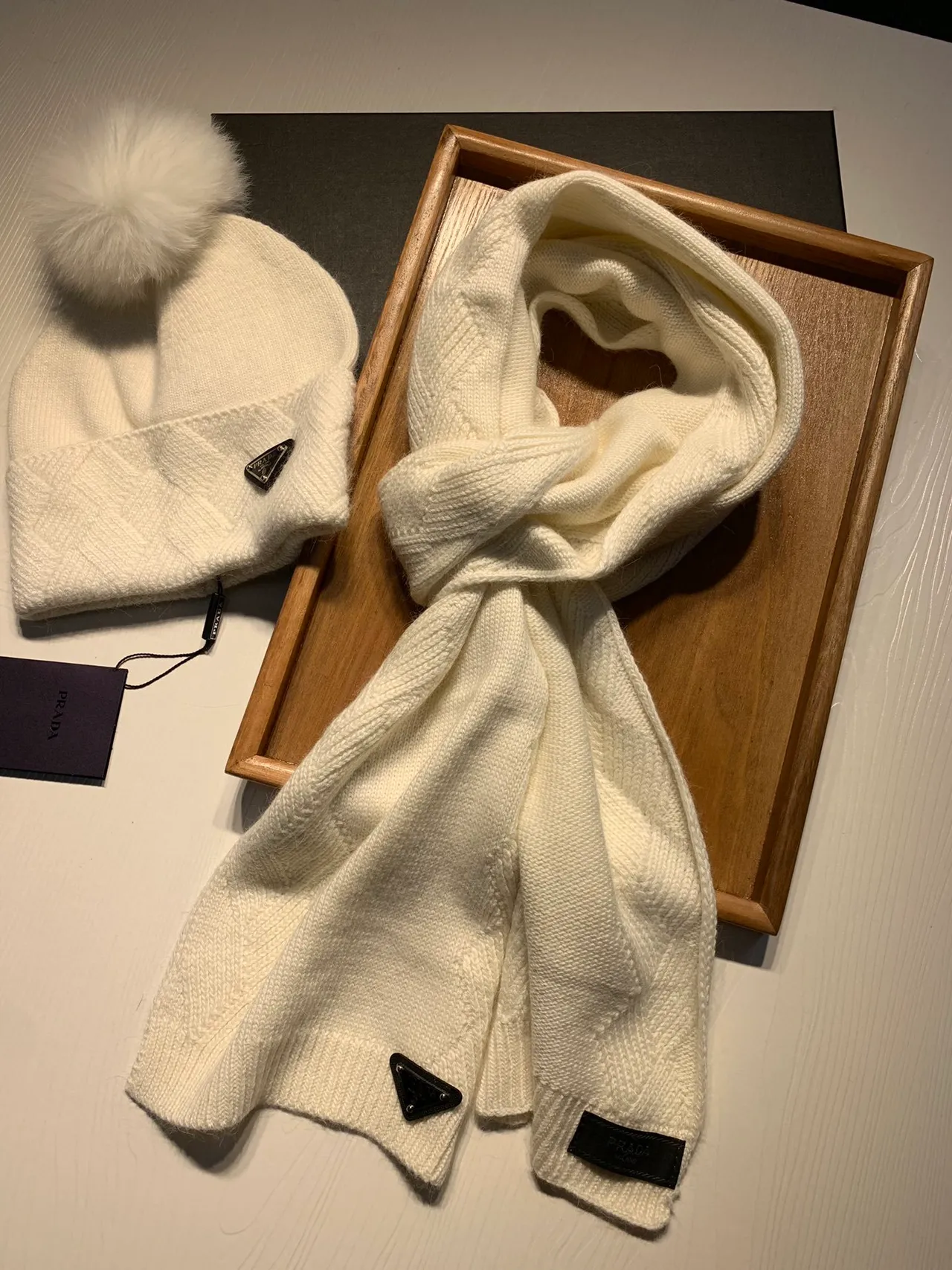 Prada Cable-Knit Ivory Cashmere Scarf 9