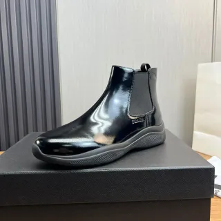 Prada Chelsea Boot Black Glossy Patent Leather Upper Elastic Side Gussets Chelsea Boots