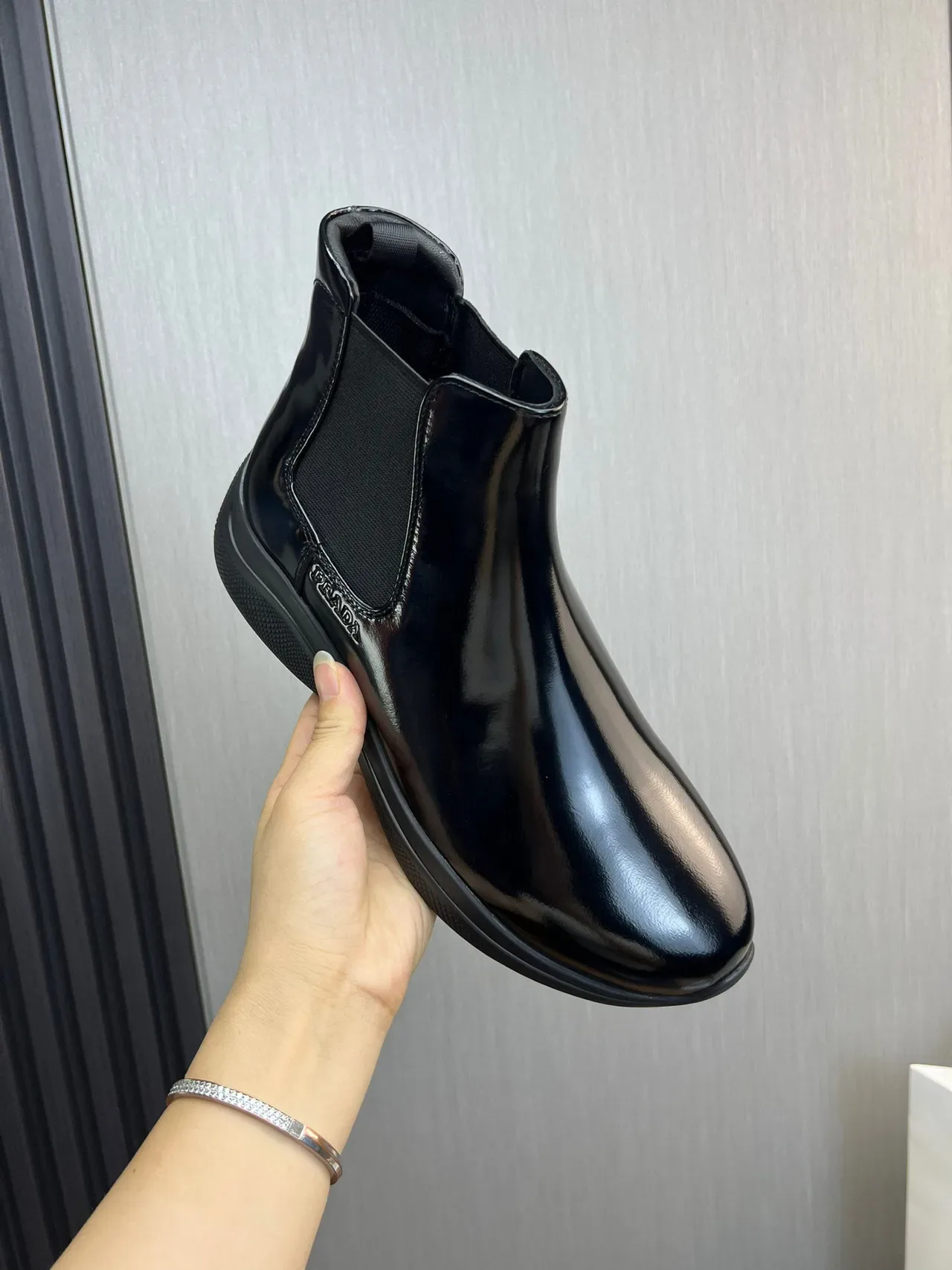 Prada Chelsea Boot Black Glossy Patent Leather Upper Elastic Side Gussets Chelsea Boots 2