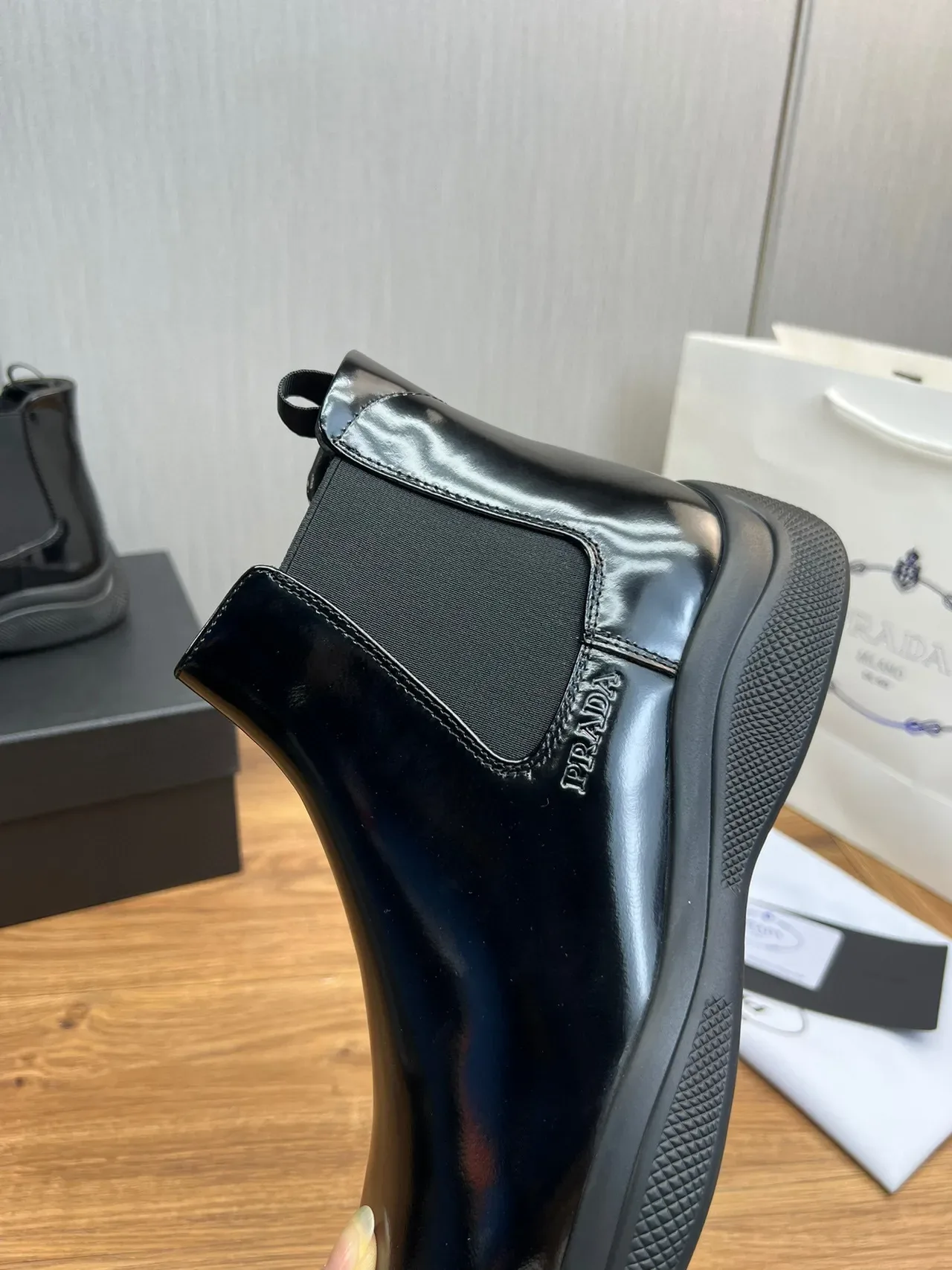 Prada Chelsea Boot Black Glossy Patent Leather Upper Elastic Side Gussets Chelsea Boots 3