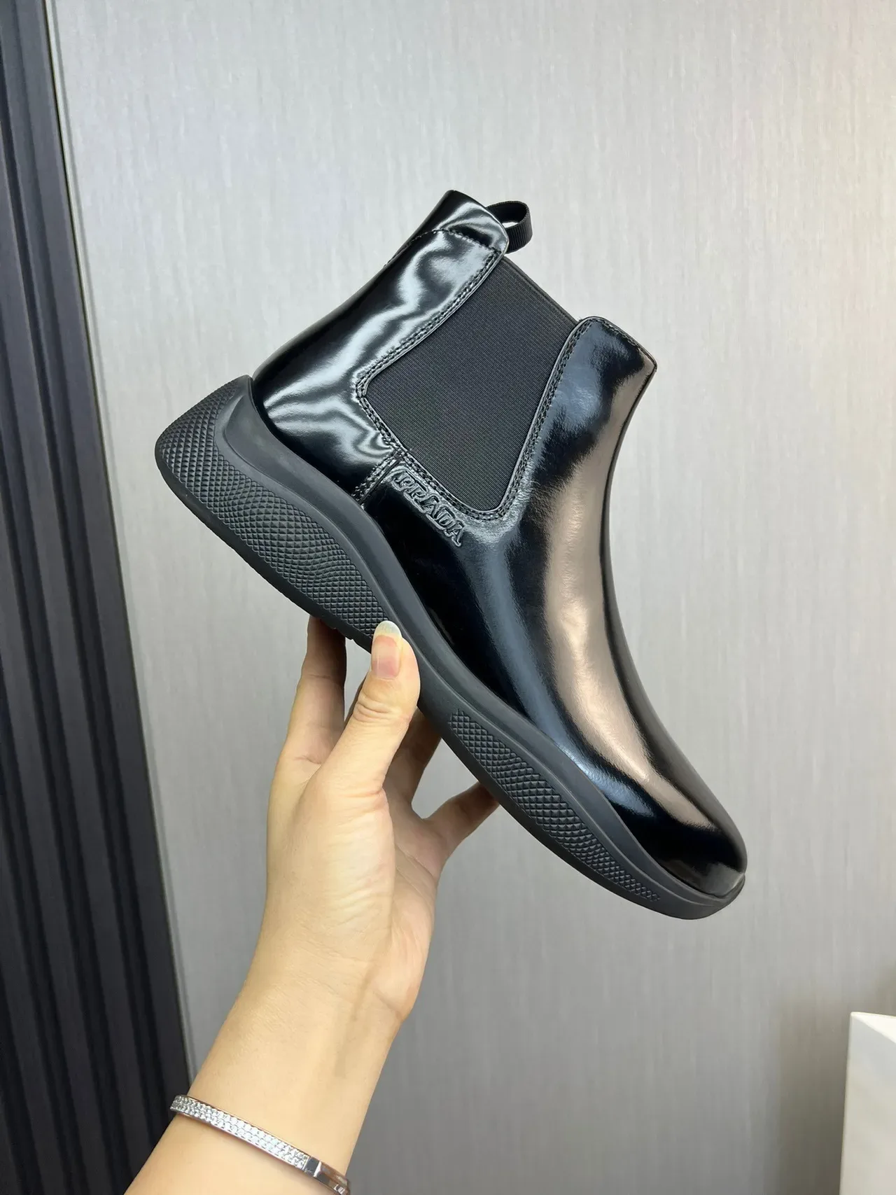 Prada Chelsea Boot Black Glossy Patent Leather Upper Elastic Side Gussets Chelsea Boots 4
