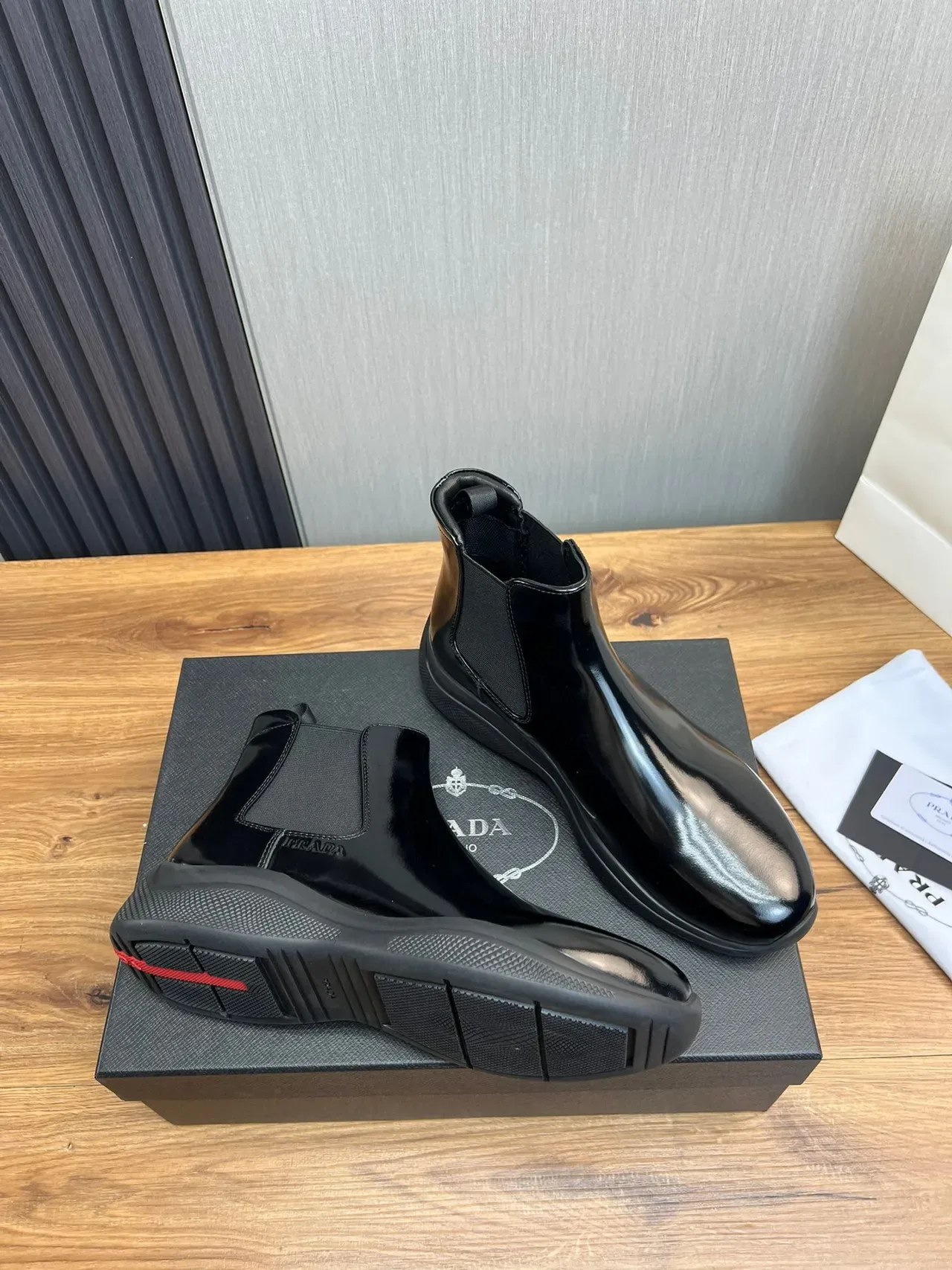 Prada Chelsea Boot Black Glossy Patent Leather Upper Elastic Side Gussets Chelsea Boots 5