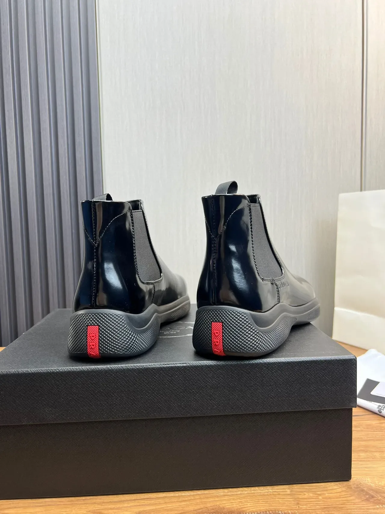 Prada Chelsea Boot Black Glossy Patent Leather Upper Elastic Side Gussets Chelsea Boots 6