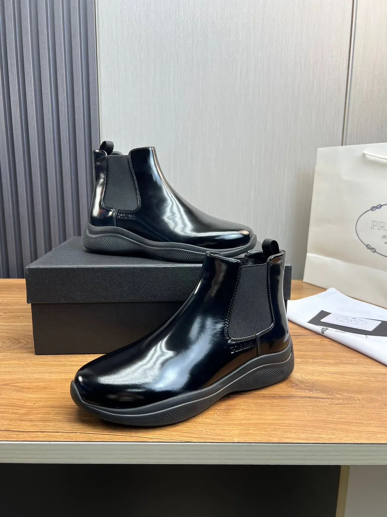 Prada Chelsea Boot Black Glossy Patent Leather Upper Elastic Side Gussets Chelsea Boots 7