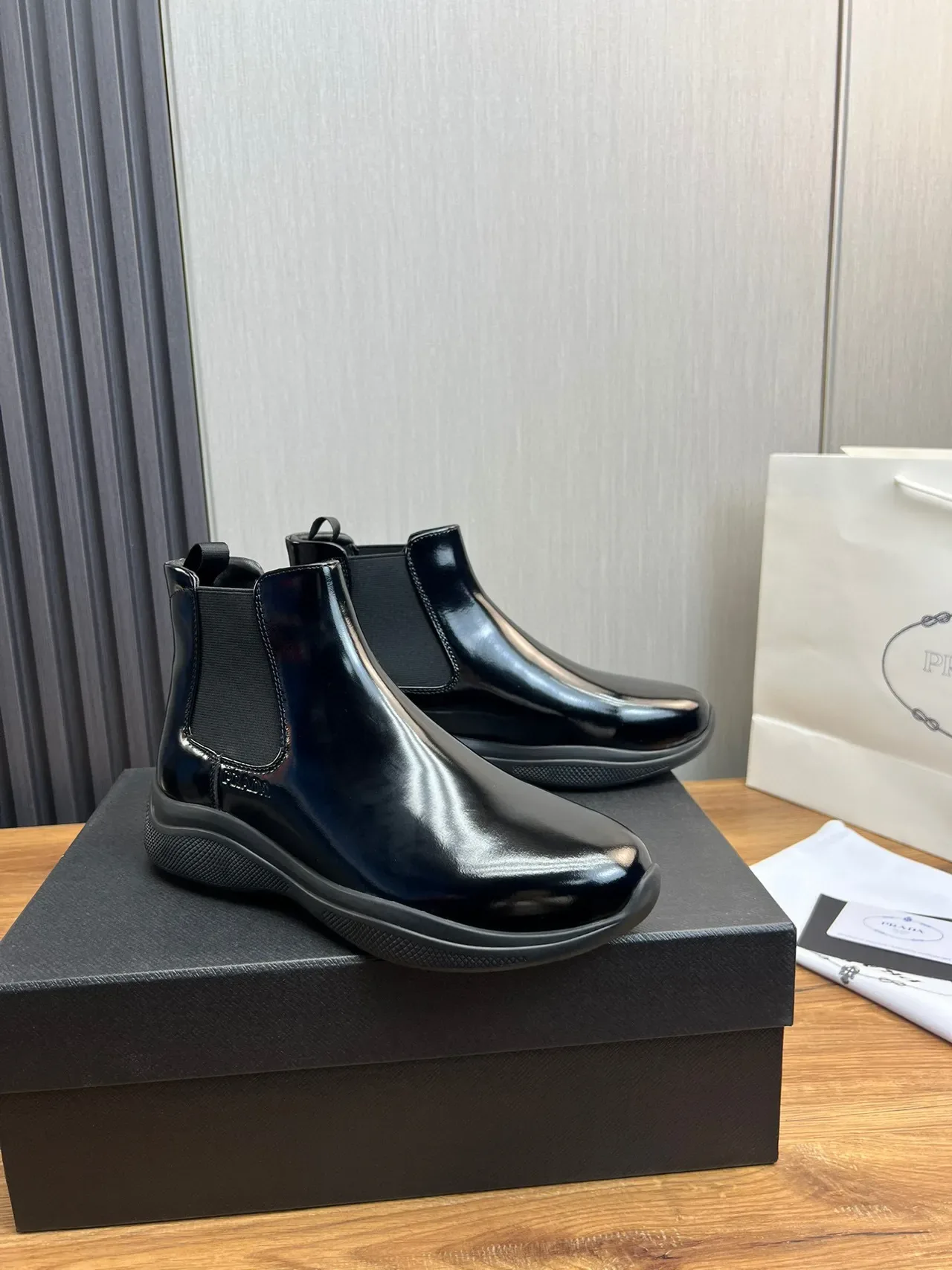 Prada Chelsea Boot Black Glossy Patent Leather Upper Elastic Side Gussets Chelsea Boots 8