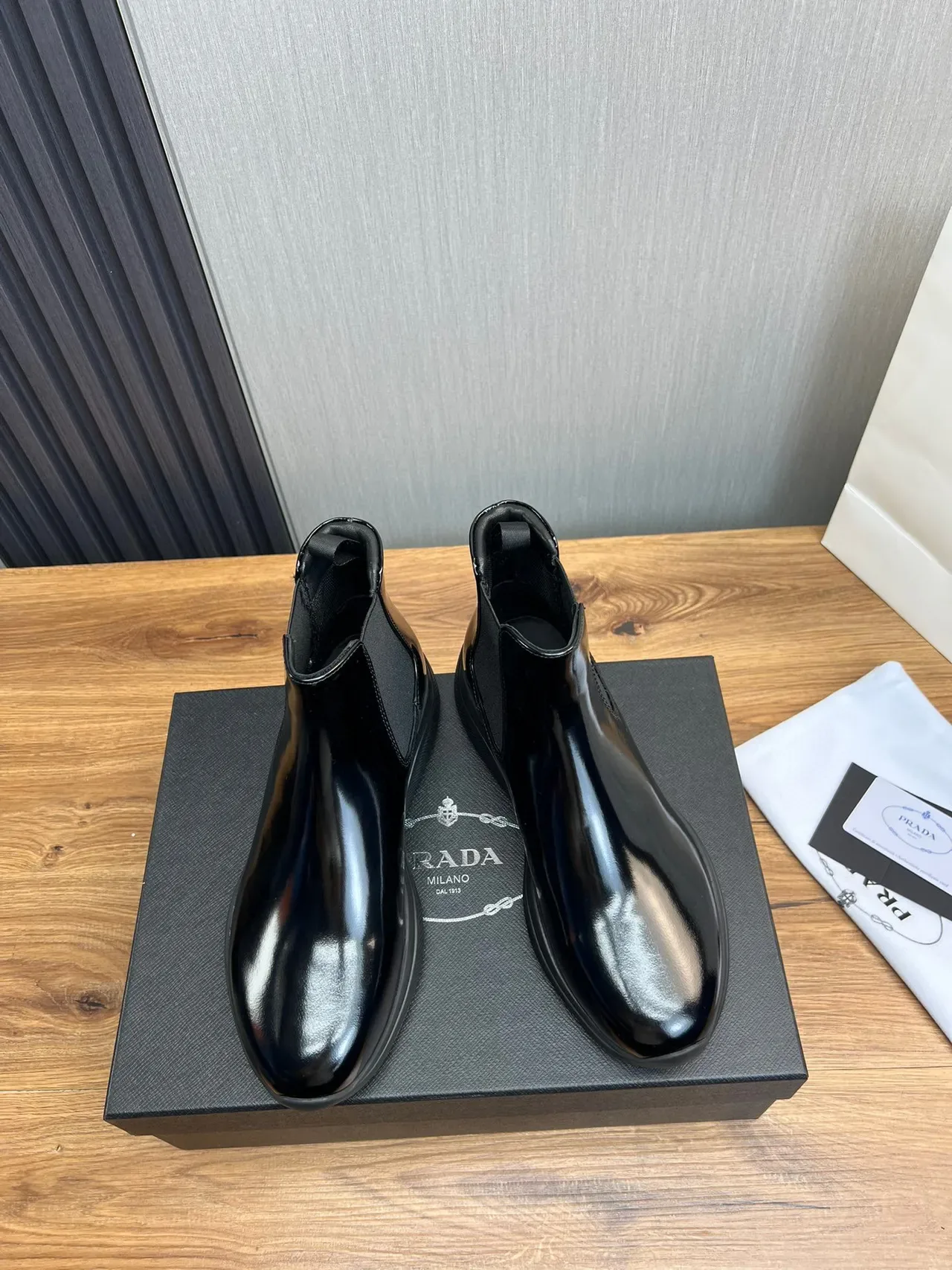 Prada Chelsea Boot Black Glossy Patent Leather Upper Elastic Side Gussets Chelsea Boots 9