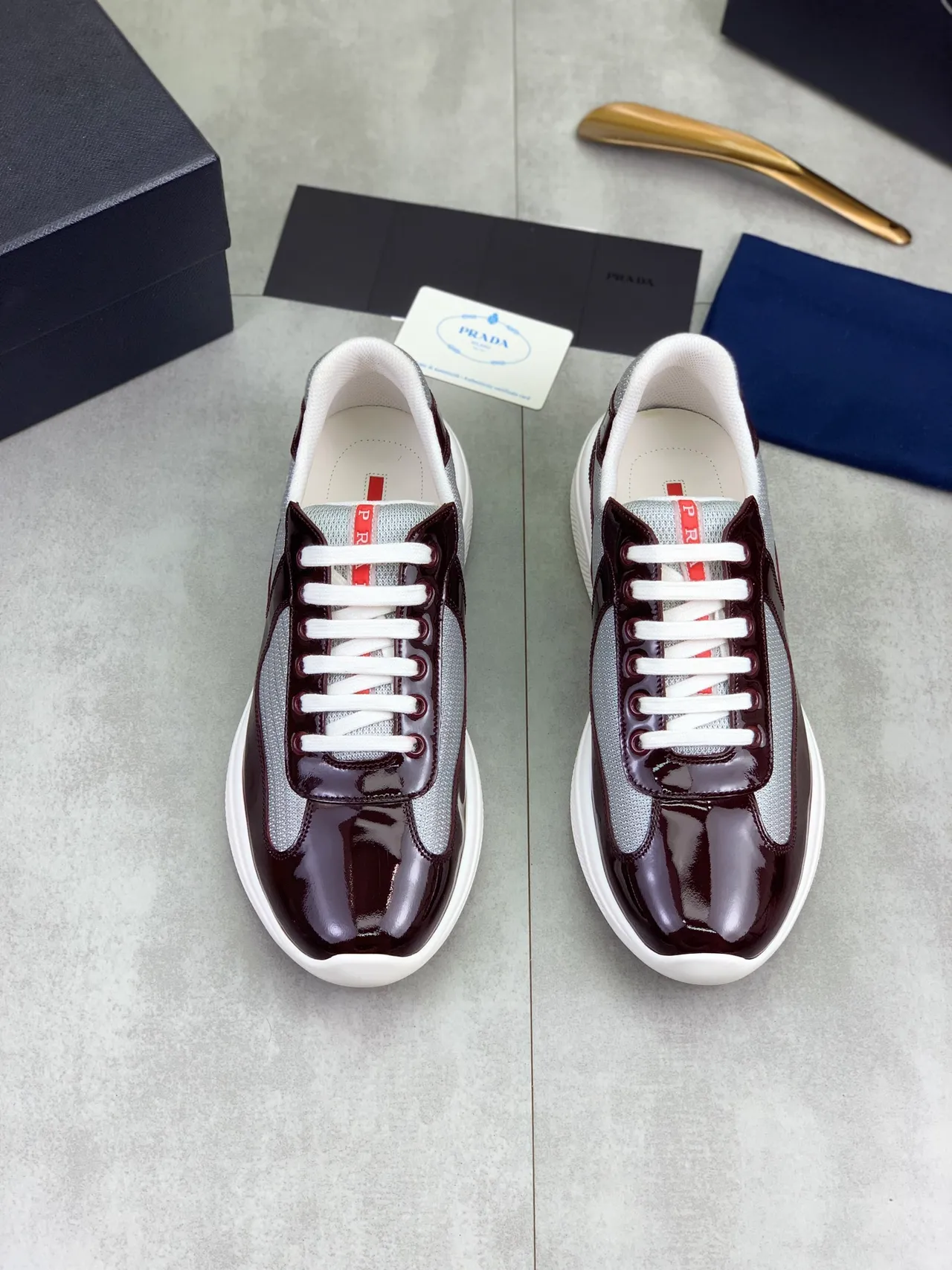 Prada Cloudbust Burgundy and Gray Patent Mesh Lifestyle Sneakers 5