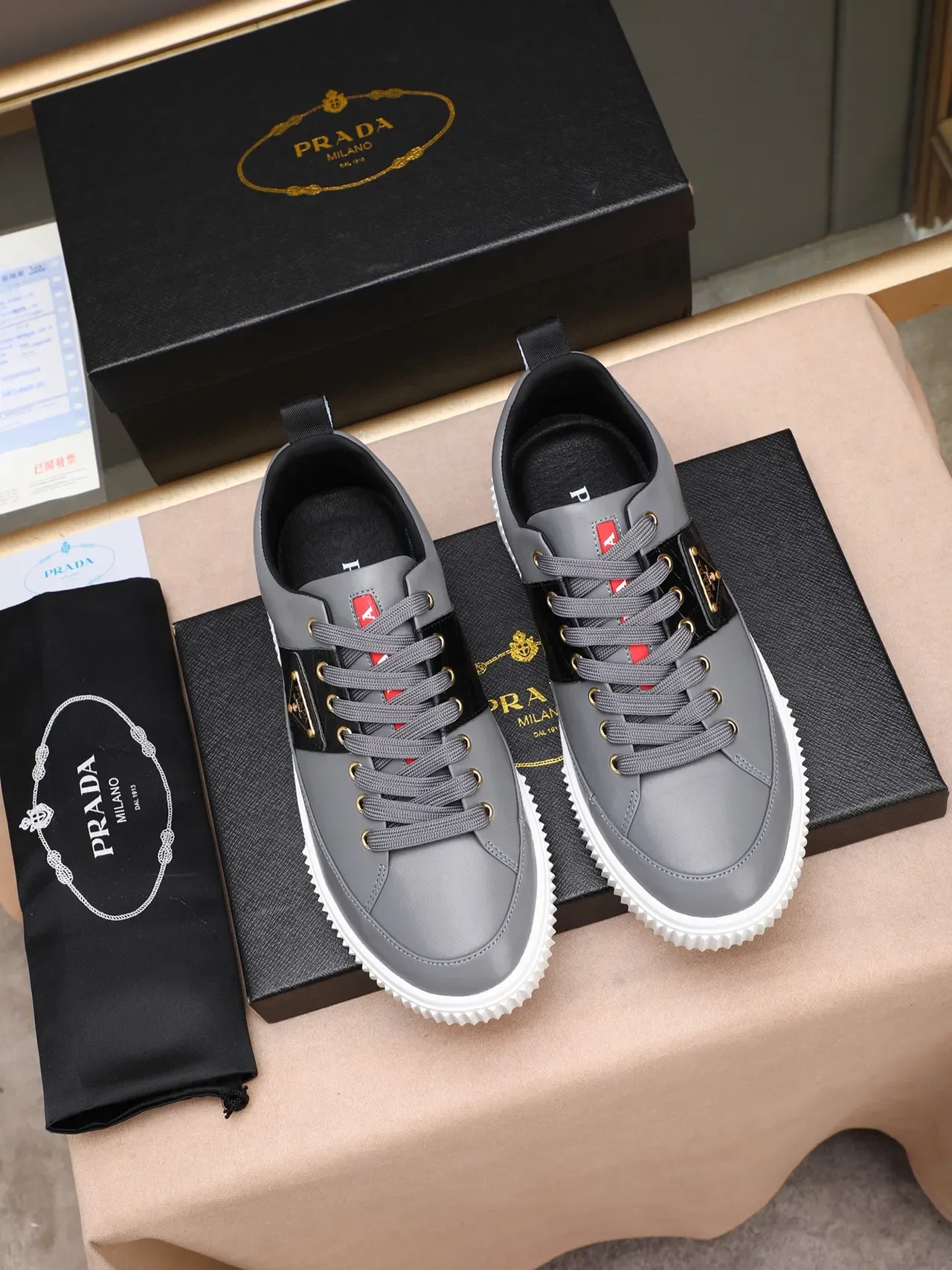 Prada Cloudbust Gray Black Leather Upper Croc-Embossed Side Panel Sneakers 2
