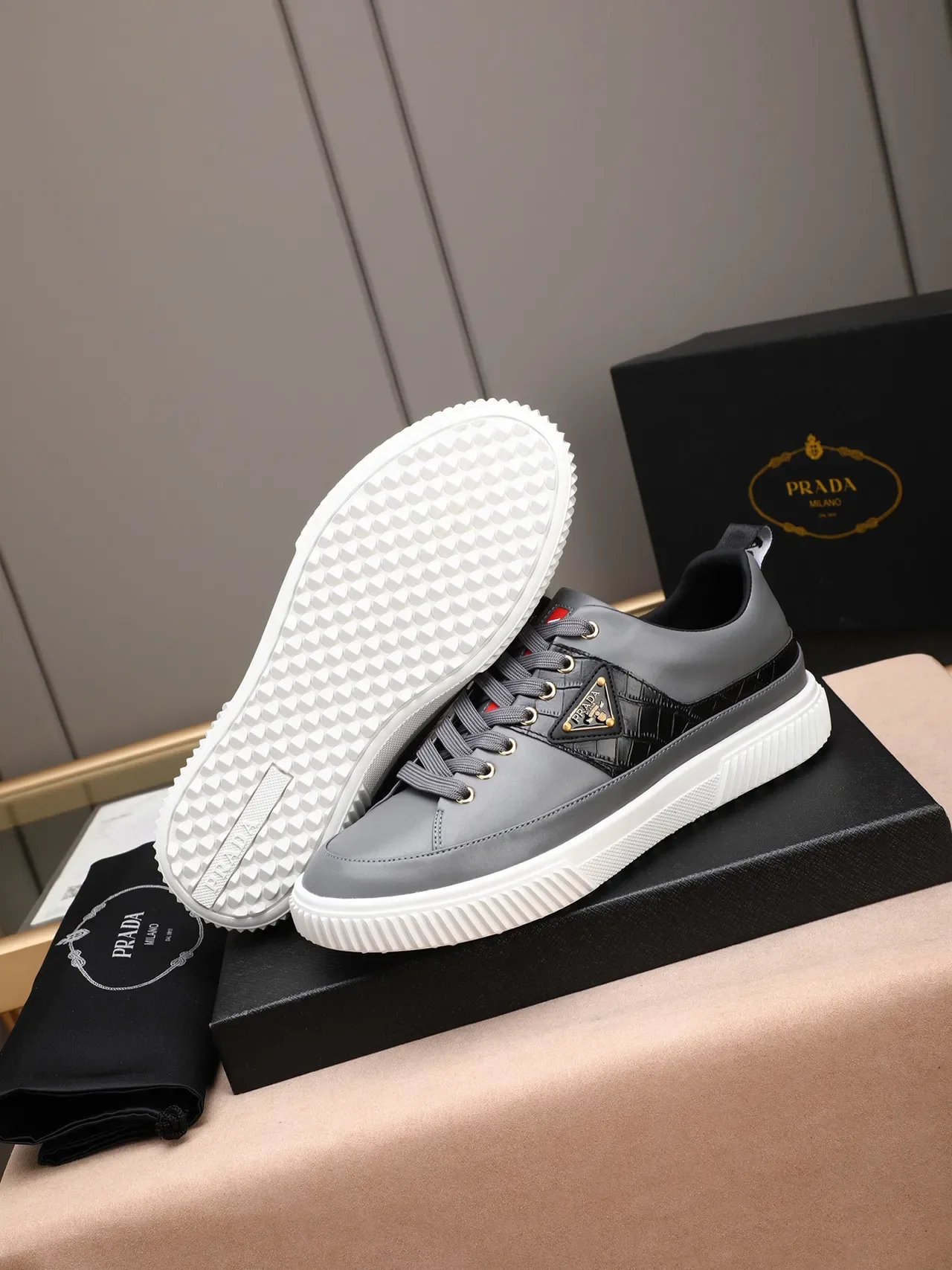 Prada Cloudbust Gray Black Leather Upper Croc-Embossed Side Panel Sneakers 4