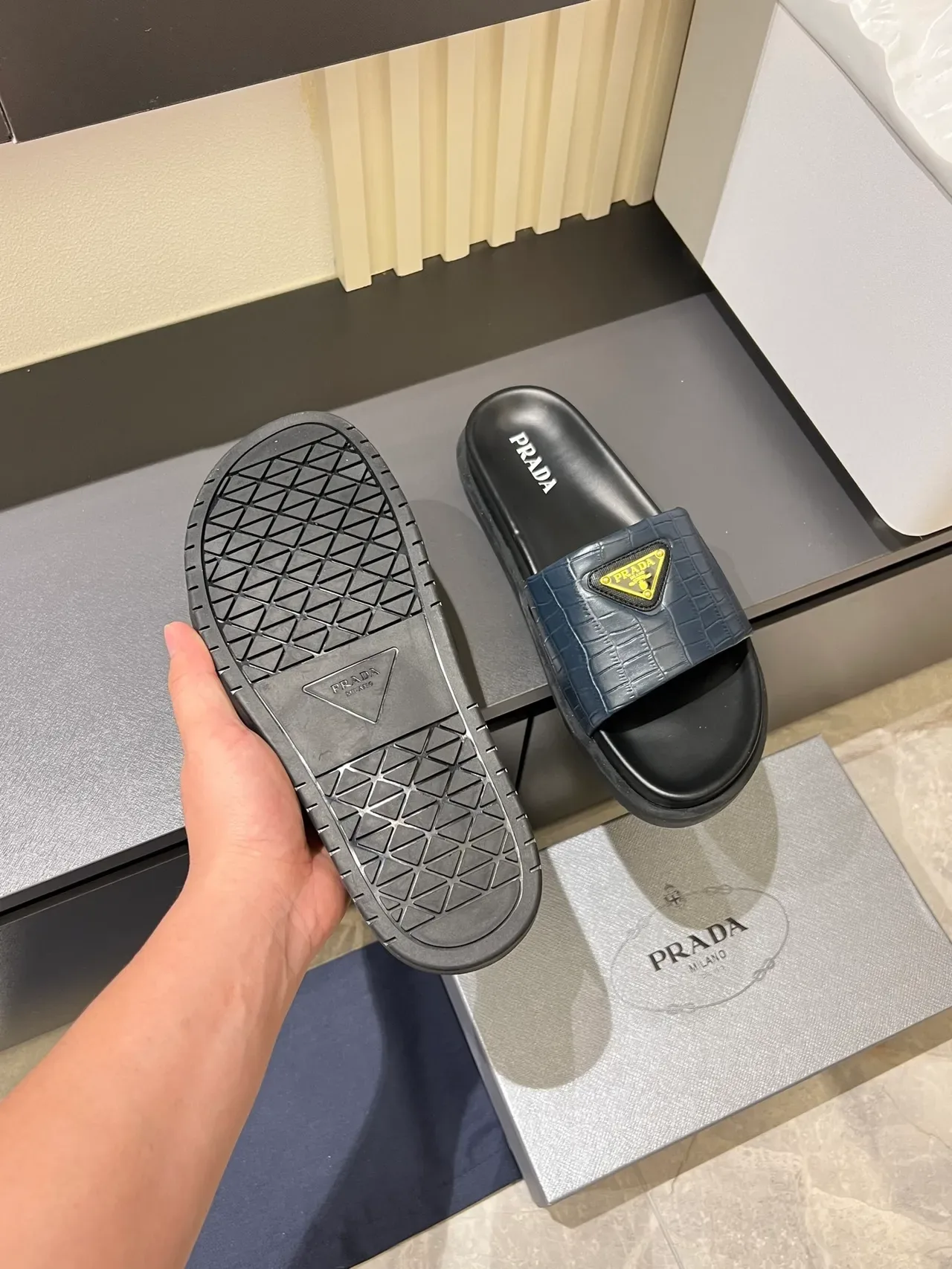 Prada Cloudbust Slide Croc-Embossed Strap Platform Slippers 2
