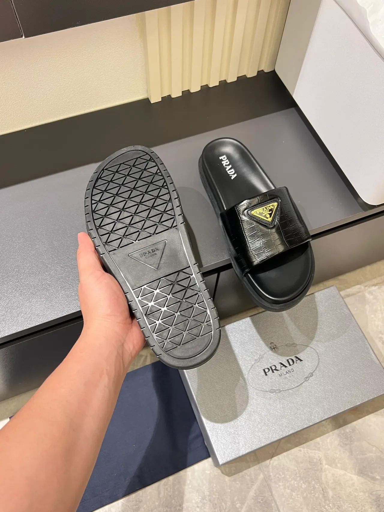 Prada Cloudbust Slide Croc-Embossed Strap Platform Slippers 3