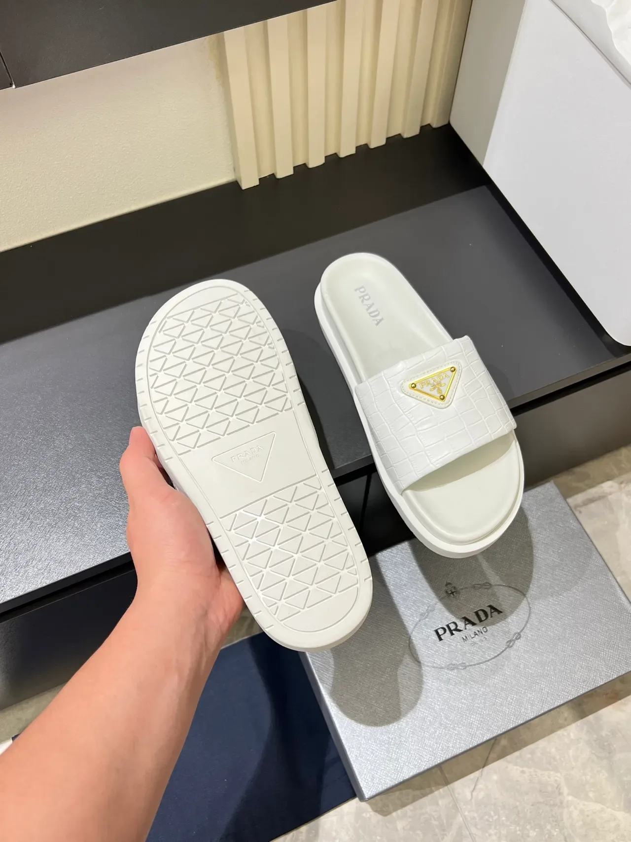 Prada Cloudbust Slide Croc-Embossed Strap Platform Slippers 5