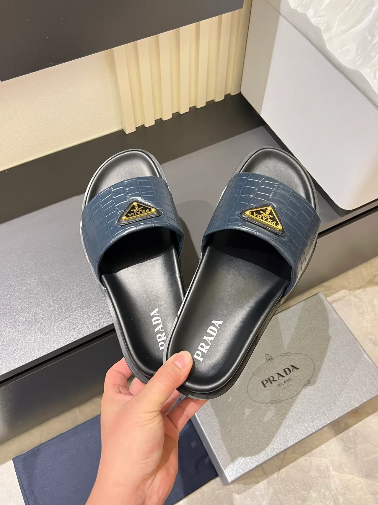 Prada Cloudbust Slide Croc-Embossed Strap Platform Slippers 6