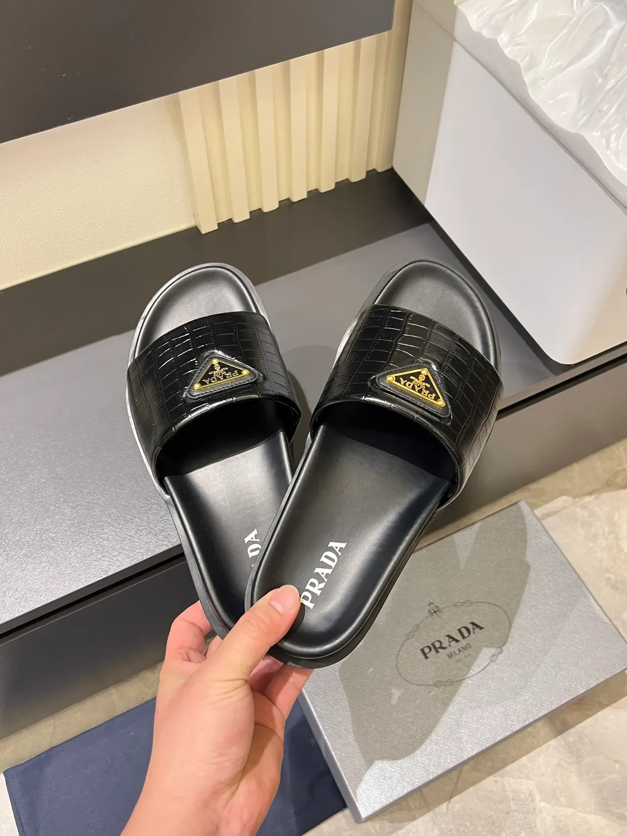 Prada Cloudbust Slide Croc-Embossed Strap Platform Slippers 7