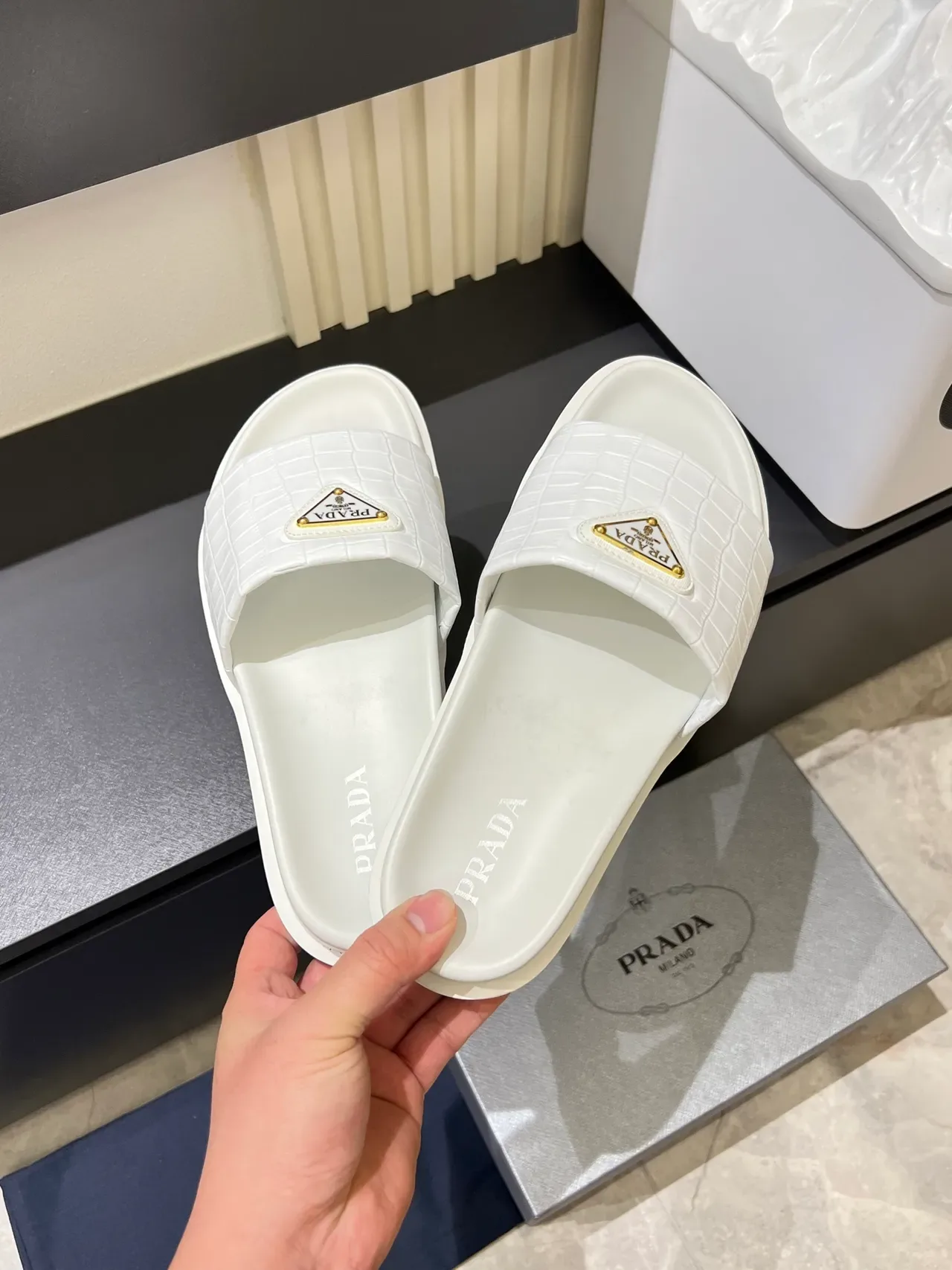 Prada Cloudbust Slide Croc-Embossed Strap Platform Slippers 9