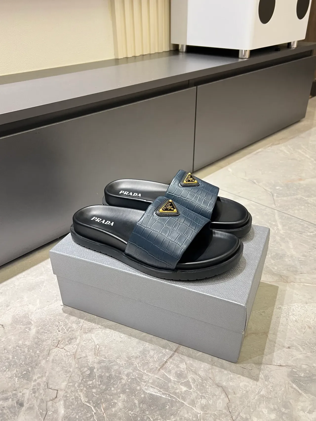 Prada Cloudbust Slide Croc-Embossed Strap Platform Slippers 10