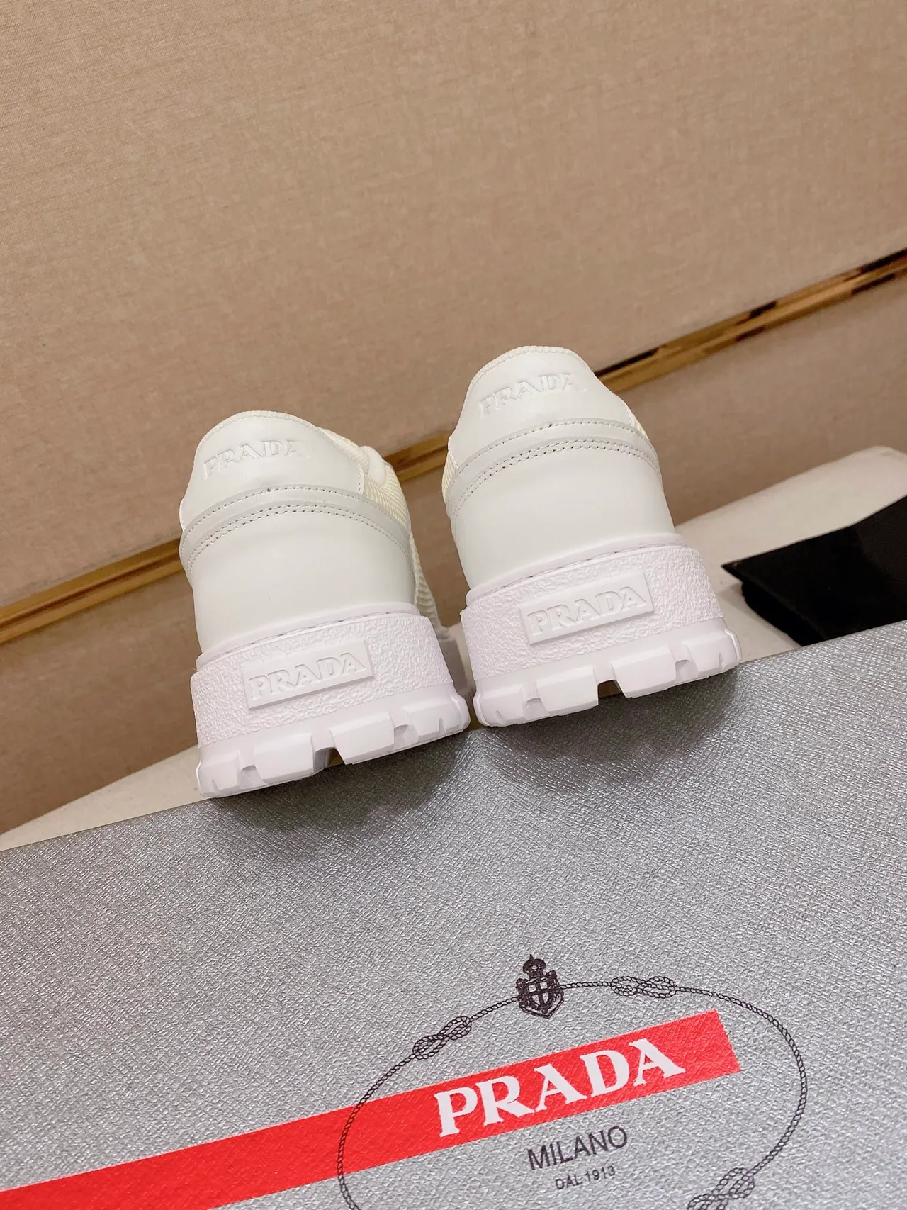 Prada Cloudbust White Leather-and-Fabric Upper Triangular Metal Logo Plaque Chunky Sneakers 3