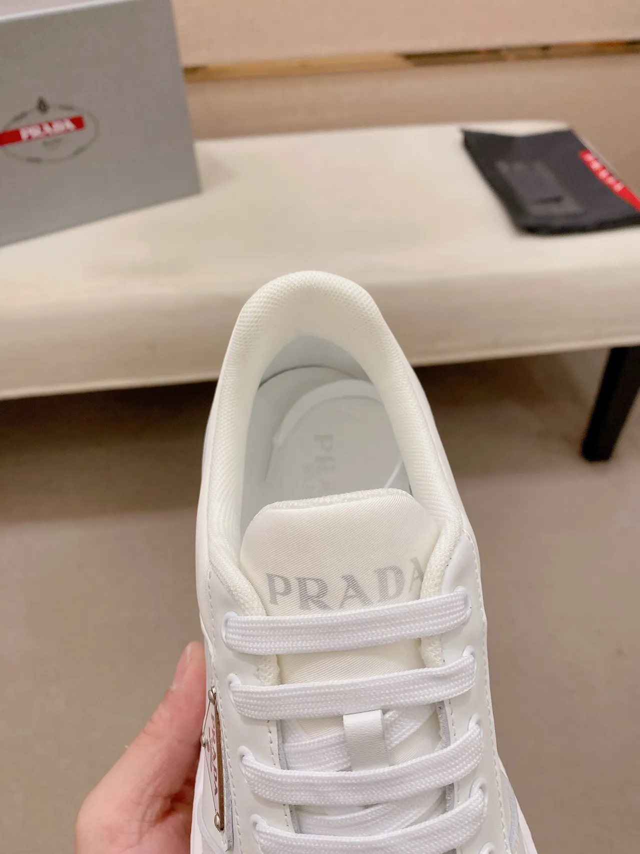 Prada Cloudbust White Leather-and-Fabric Upper Triangular Metal Logo Plaque Chunky Sneakers 4