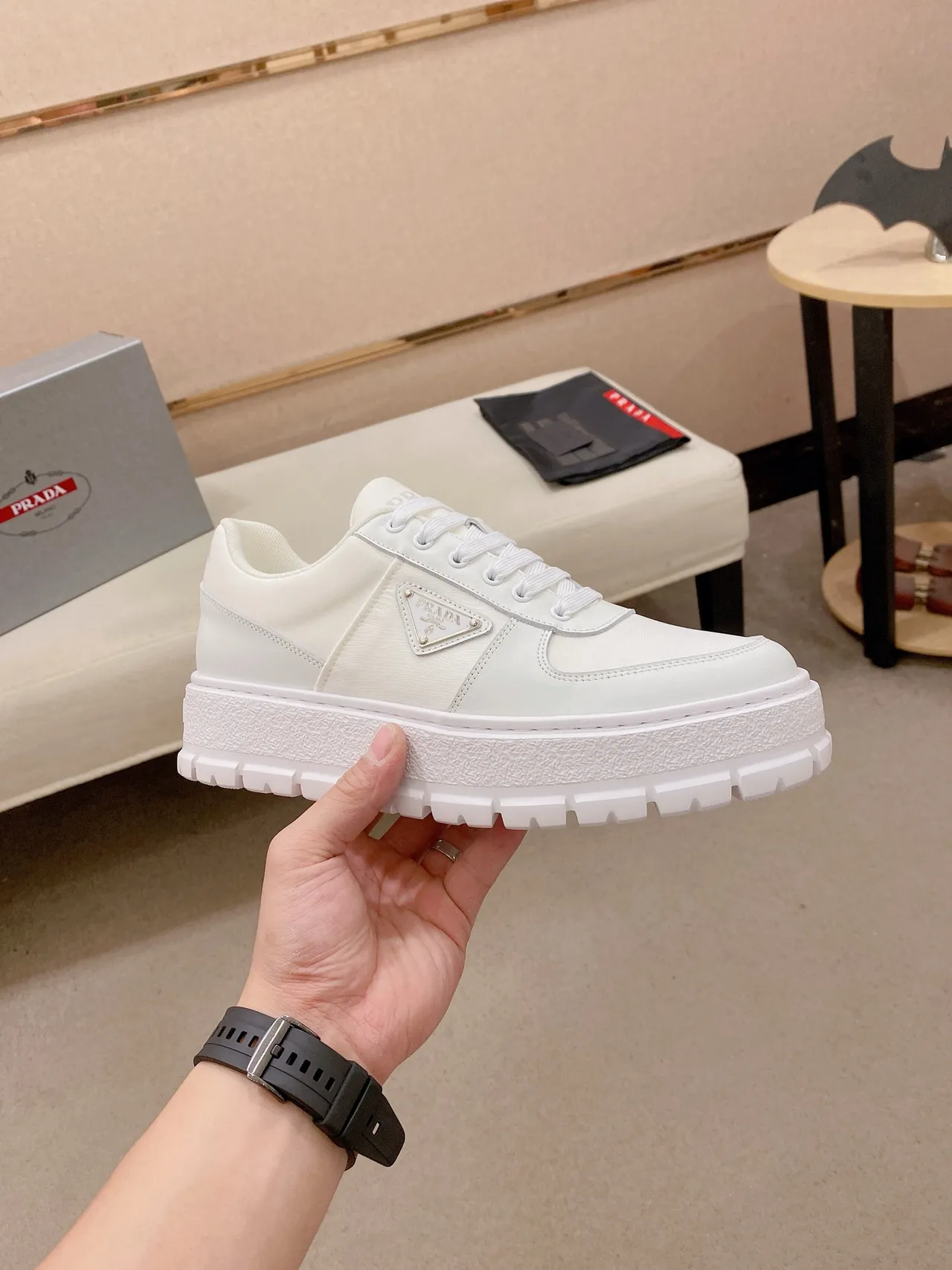 Prada Cloudbust White Leather-and-Fabric Upper Triangular Metal Logo Plaque Chunky Sneakers 5
