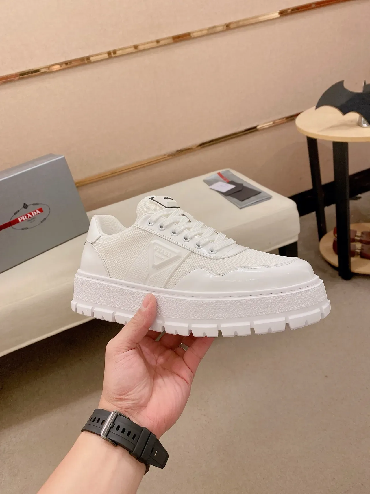 Prada Cloudbust White Platform Sole Glossy Patent Toe Cap Chunky Sneakers 4