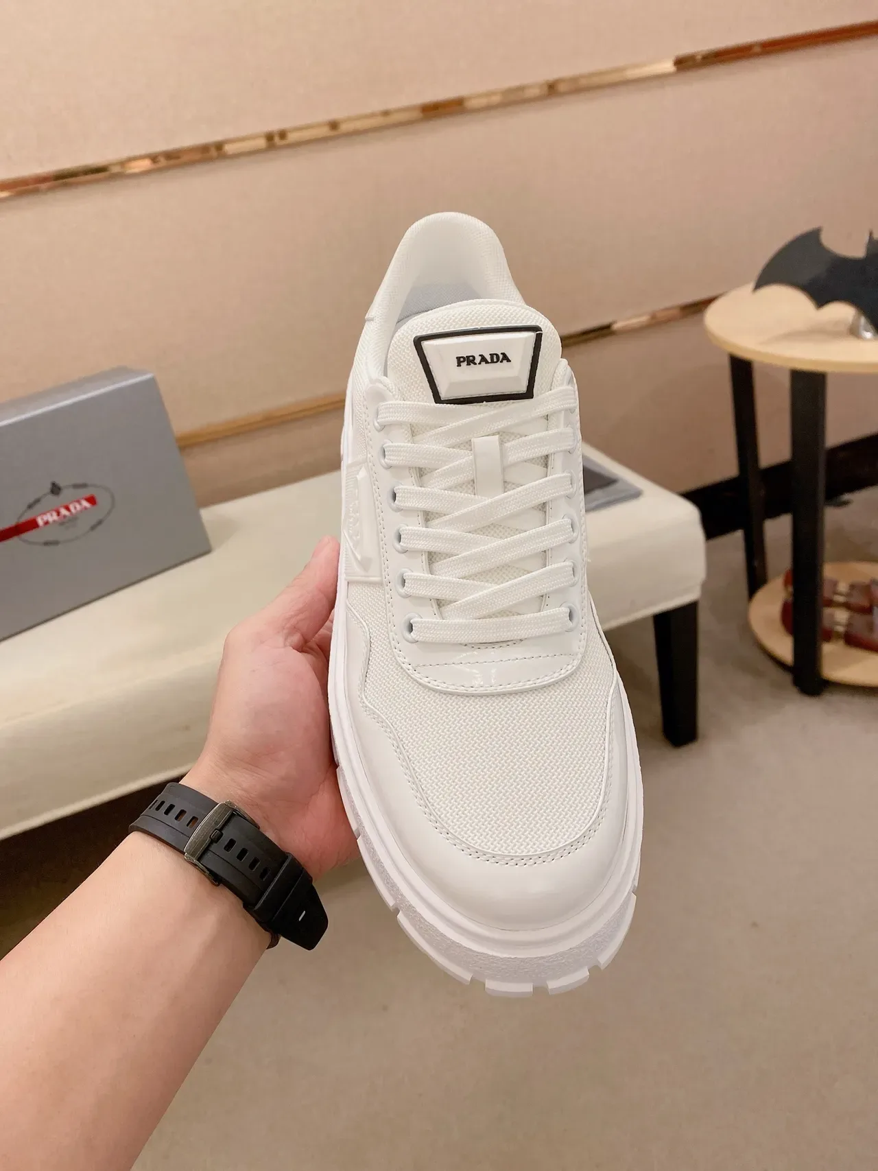 Prada Cloudbust White Platform Sole Glossy Patent Toe Cap Chunky Sneakers 5