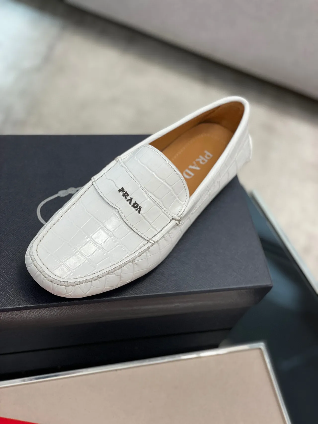 Prada Croc-Embossed White Penny Loafers 3
