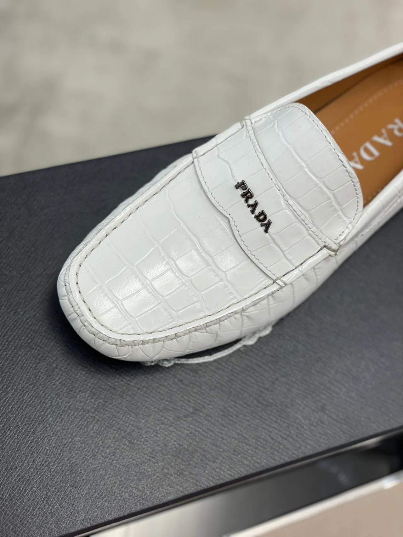 Prada Croc-Embossed White Penny Loafers 4