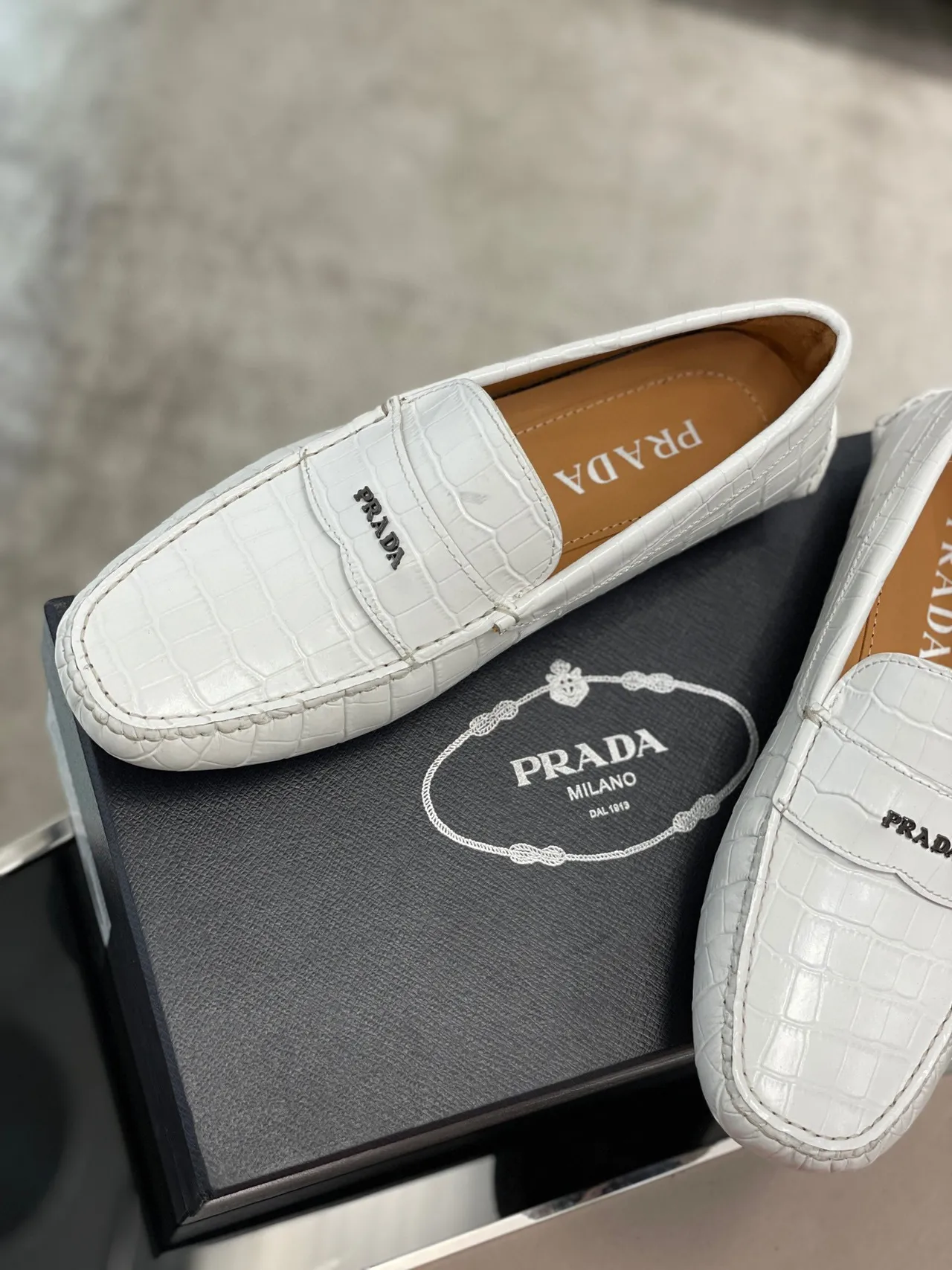 Prada Croc-Embossed White Penny Loafers 5