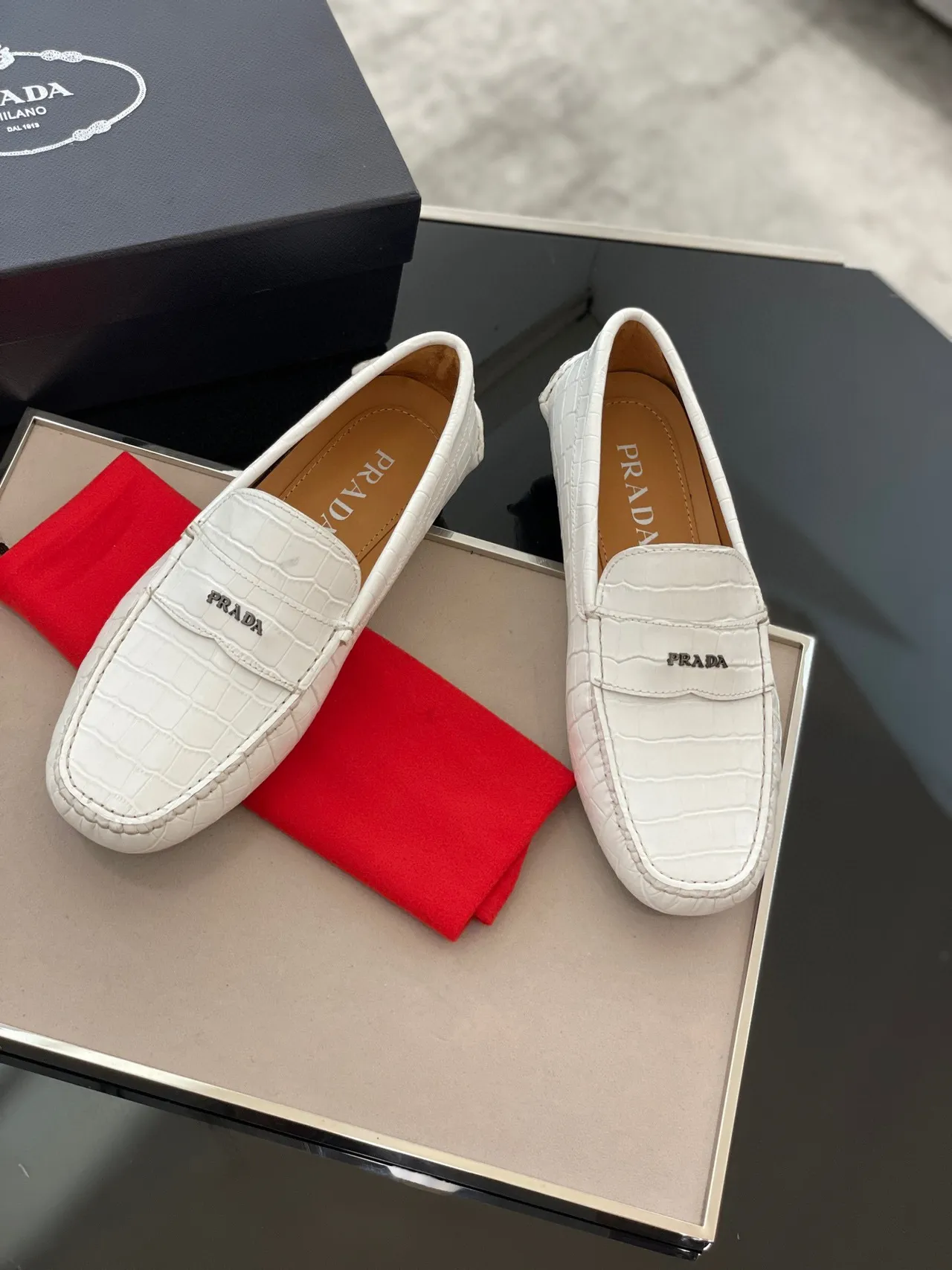 Prada Croc-Embossed White Penny Loafers 6